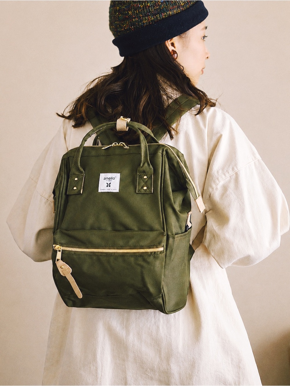 Anello Kuchigane (Classic Cross Bottle) Canvas Mini Backpack, Olive Green, NWOT